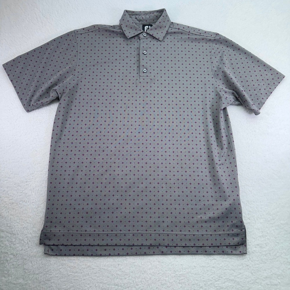 FootJoy Polo Shirt Mens Large Purple‎ Argyle Polka Dots Performance Stretch Golf